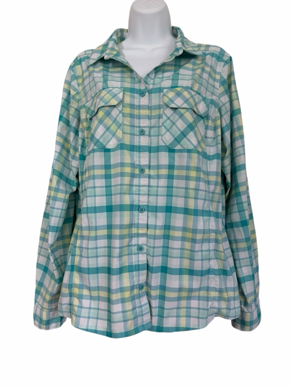 COLUMBIA Omni-Shade Plaid Botton-down Shirt Size XL Green Spring Hiking Fishing